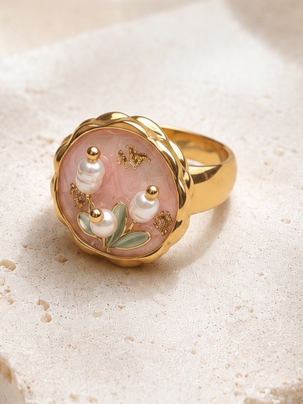 18k gold Blossom Dream Gold Pearl Accent Floral Ring - Pink